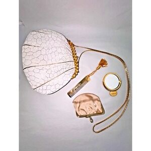 Judith Leiber White and Gold Carved Leather and Gemstone Purse with Accessories